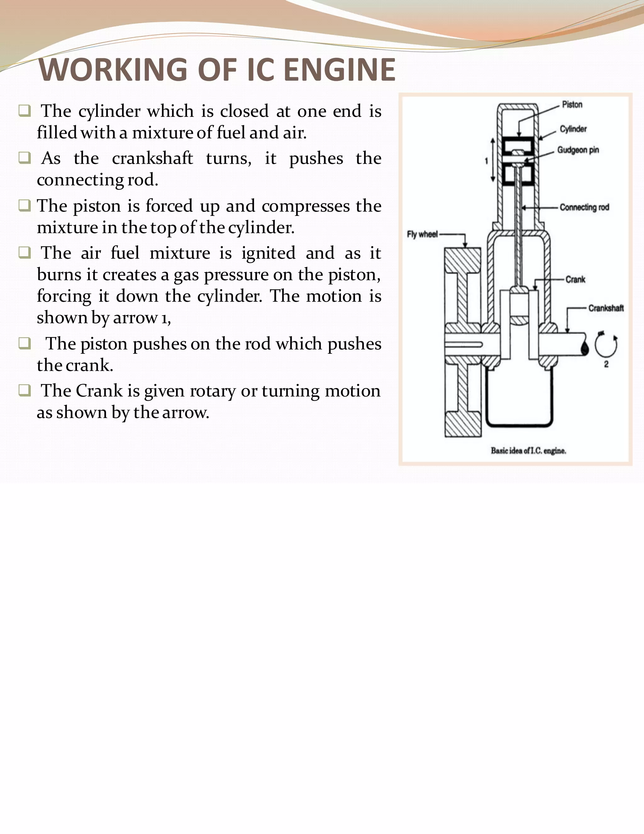 WORKING OF IC ENGINE
❑ The cylinder which is closed at one end is
filledwith a mixture of fuel and air.
❑ As the crankshaft turns, it pushes the
connecting rod.
❑ The piston is forced up and compresses the
mixture in the topof the cylinder.
❑ The air fuel mixture is ignited and as it
burns it creates a gas pressure on the piston,
forcing it down the cylinder. The motion is
shown by arrow 1,
❑ The piston pushes on the rod which pushes
the crank.
❑ The Crank is given rotary or turning motion
as shown by the arrow.
 