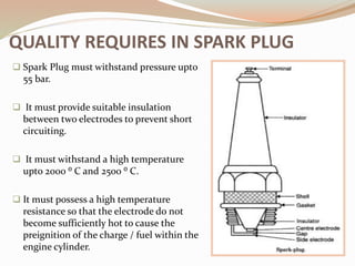  Spark Plug must withstand pressure upto
55 bar.
 It must provide suitable insulation
between two electrodes to prevent short
circuiting.
 It must withstand a high temperature
upto 2000 ⁰ C and 2500 ⁰ C.
 It must possess a high temperature
resistance so that the electrode do not
become sufficiently hot to cause the
preignition of the charge / fuel within the
engine cylinder.
QUALITY REQUIRES IN SPARK PLUG
 
