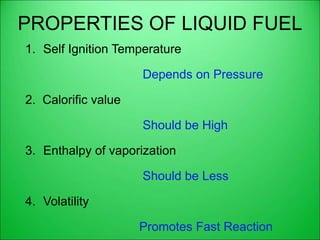 PROPERTIES OF LIQUID FUEL
1. Self Ignition Temperature
Depends on Pressure
2. Calorific value
Should be High
3. Enthalpy of vaporization
Should be Less
4. Volatility
Promotes Fast Reaction
 