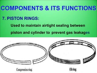 COMPONENTS & ITS FUNCTIONS
7. PISTON RINGS:
Used to maintain airtight sealing between
piston and cylinder to prevent gas leakages
.
 