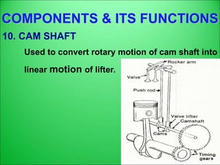 COMPONENTS & ITS FUNCTIONS
10. CAM SHAFT
Used to convert rotary motion of cam shaft into
linear motion of lifter.
 