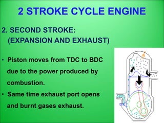 2 STROKE CYCLE ENGINE
2. SECOND STROKE:
(EXPANSION AND EXHAUST)
• Piston moves from TDC to BDC
due to the power produced by
combustion.
• Same time exhaust port opens
and burnt gases exhaust.
 