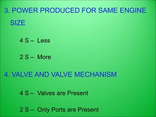 3. POWER PRODUCED FOR SAME ENGINE
SIZE
4 S – Less
2 S – More
4. VALVE AND VALVE MECHANISM
4 S – Valves are Present
2 S – Only Ports are Present
 