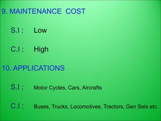 9. MAINTENANCE COST
S.I : Low
C.I : High
10. APPLICATIONS
S.I : Motor Cycles, Cars, Aircrafts
C.I : Buses, Trucks, Locomotives, Tractors, Gen Sets etc.
 