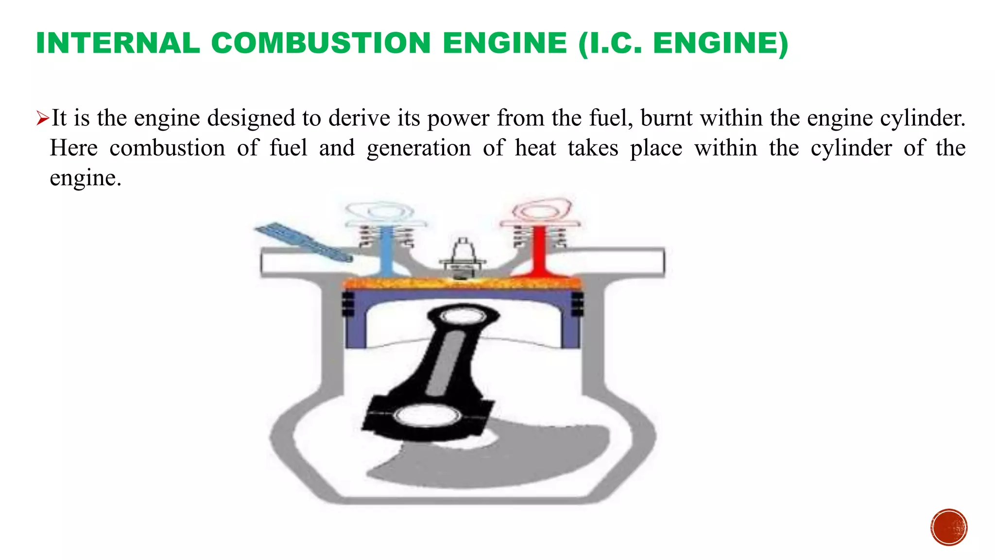 It is the engine designed to derive its power from the fuel, burnt within the engine cylinder.
Here combustion of fuel and generation of heat takes place within the cylinder of the
engine.
INTERNAL COMBUSTION ENGINE (I.C. ENGINE)
 