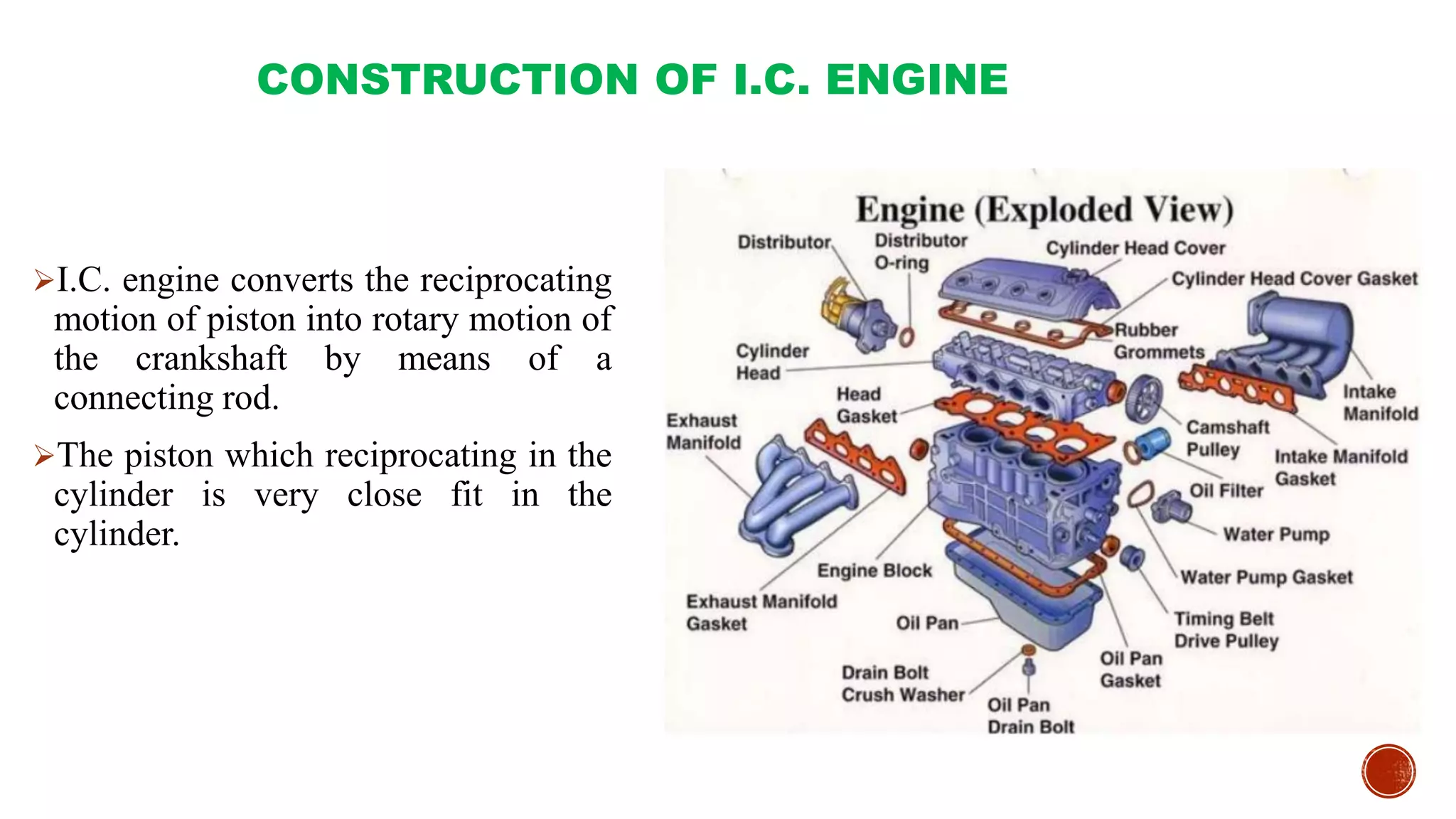 CONSTRUCTION OF I.C. ENGINE
I.C. engine converts the reciprocating
motion of piston into rotary motion of
the crankshaft by means of a
connecting rod.
The piston which reciprocating in the
cylinder is very close fit in the
cylinder.
 