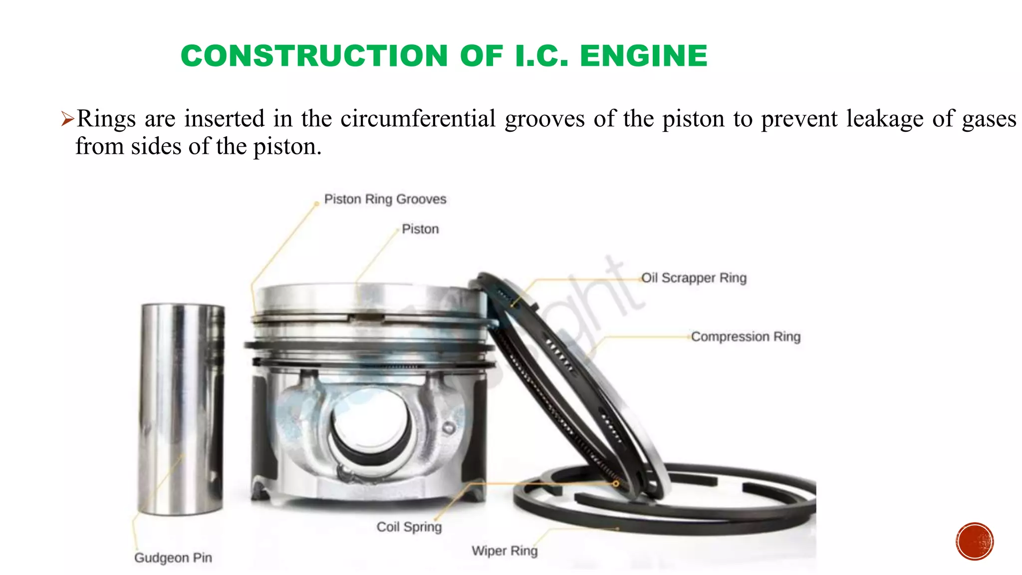 CONSTRUCTION OF I.C. ENGINE
Rings are inserted in the circumferential grooves of the piston to prevent leakage of gases
from sides of the piston.
 