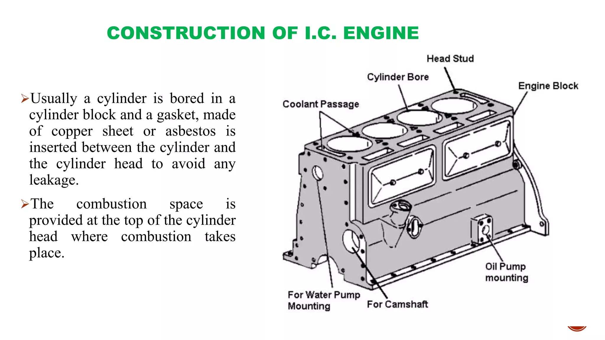 CONSTRUCTION OF I.C. ENGINE
Usually a cylinder is bored in a
cylinder block and a gasket, made
of copper sheet or asbestos is
inserted between the cylinder and
the cylinder head to avoid any
leakage.
The combustion space is
provided at the top of the cylinder
head where combustion takes
place.
 