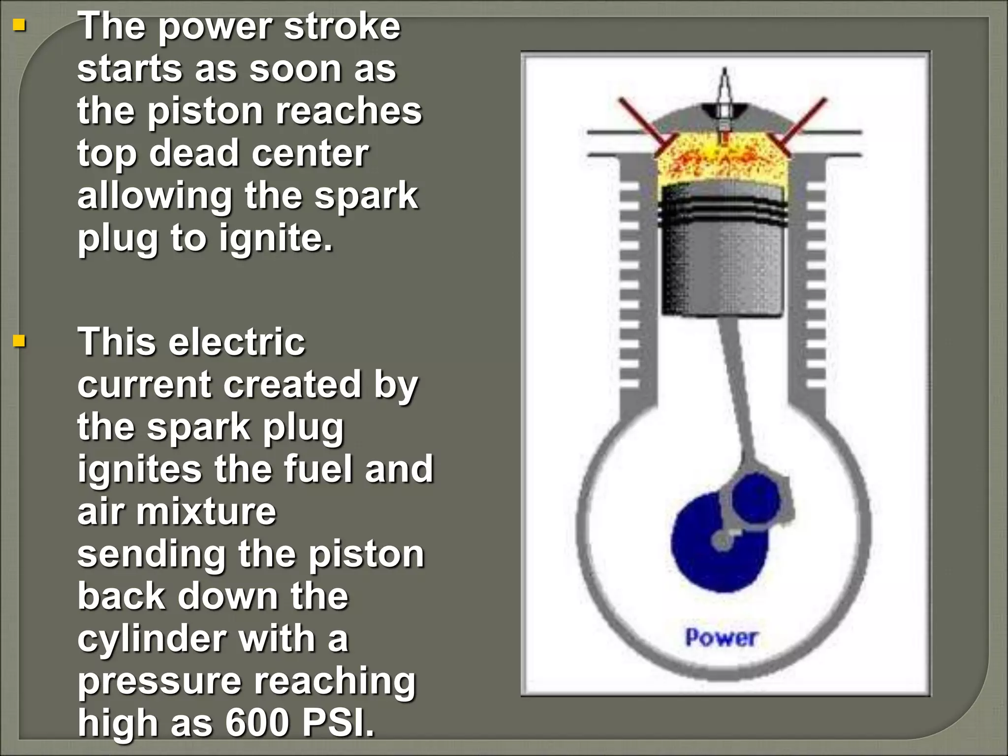  The power stroke
starts as soon as
the piston reaches
top dead center
allowing the spark
plug to ignite.
 This electric
current created by
the spark plug
ignites the fuel and
air mixture
sending the piston
back down the
cylinder with a
pressure reaching
high as 600 PSI.
 