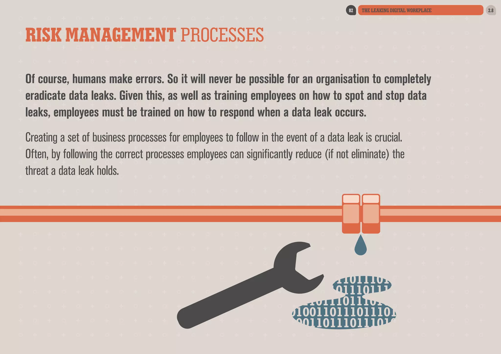 02

THE LEAKING DIGITAL WORKPLACE

RISK MANAGEMENT PROCESSES
Of course, humans make errors. So it will never be possible for an organisation to completely
eradicate data leaks. Given this, as well as training employees on how to spot and stop data
leaks, employees must be trained on how to respond when a data leak occurs.
Creating a set of business processes for employees to follow in the event of a data leak is crucial.
Often, by following the correct processes employees can significantly reduce (if not eliminate) the
threat a data leak holds.

2.8

 