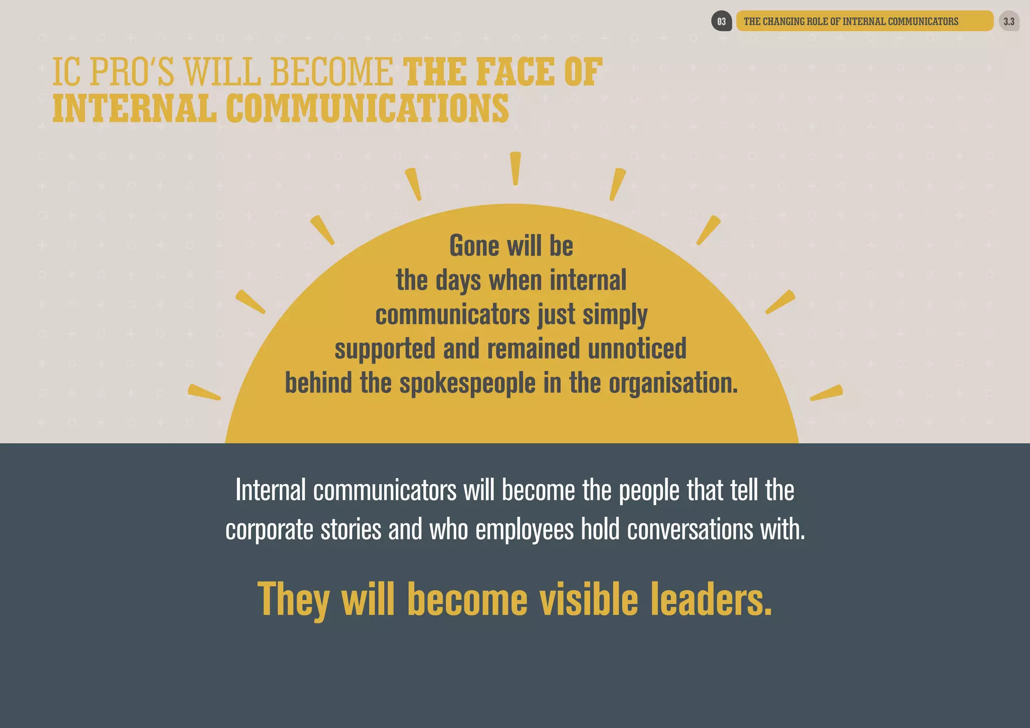 03

THE CHANGING ROLE OF INTERNAL COMMUNICATORS

IC PRO’S WILL BECOME THE FACE OF
INTERNAL COMMUNICATIONS
Gone will be
the days when internal
communicators just simply
supported and remained unnoticed
behind the spokespeople in the organisation.  

Internal communicators will become the people that tell the
corporate stories and who employees hold conversations with.

They will become visible leaders.

3.3

 