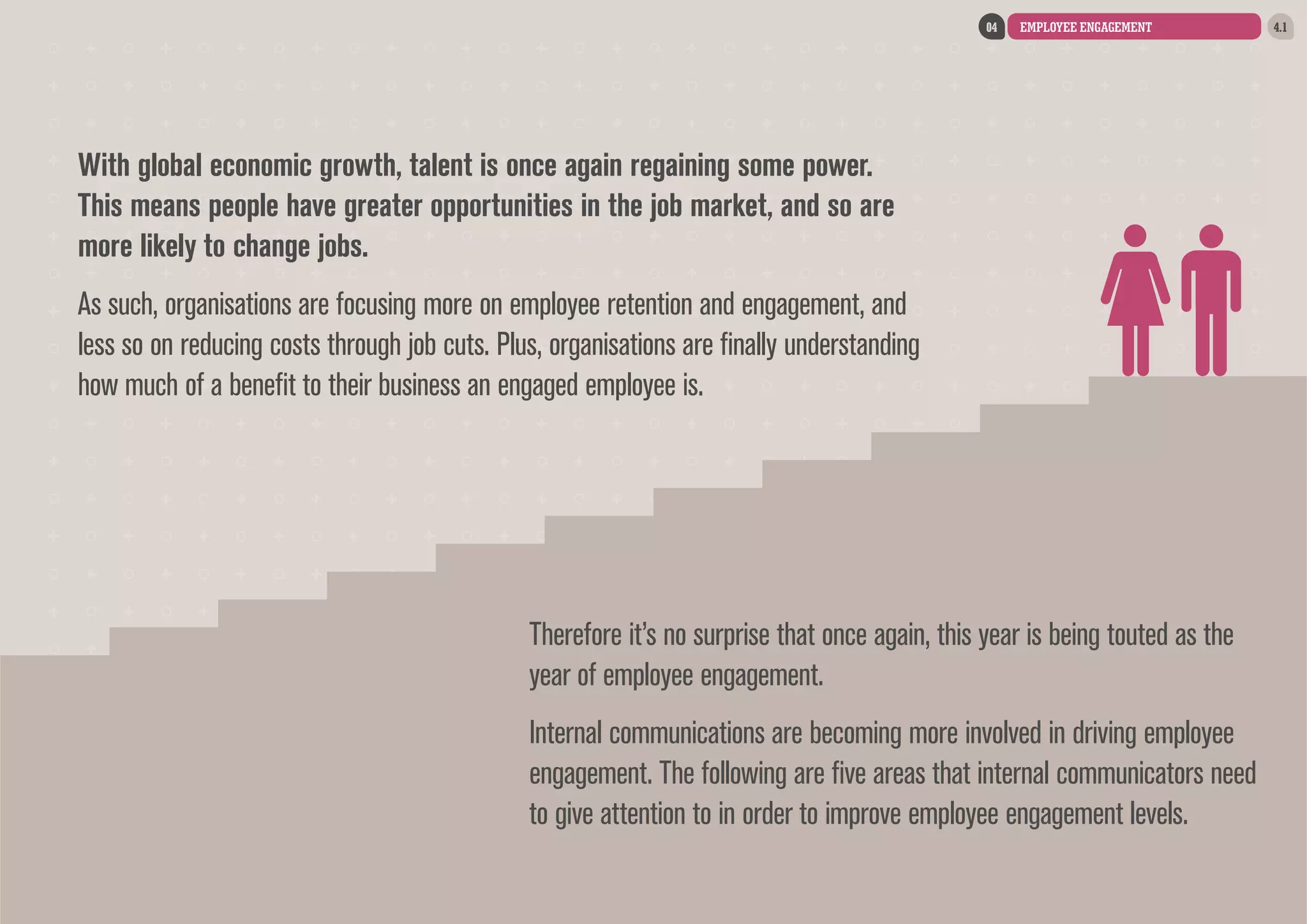 04

EMPLOYEE ENGAGEMENT

With global economic growth, talent is once again regaining some power.
This means people have greater opportunities in the job market, and so are
more likely to change jobs.
As such, organisations are focusing more on employee retention and engagement, and
less so on reducing costs through job cuts. Plus, organisations are finally understanding
how much of a benefit to their business an engaged employee is.

Therefore it’s no surprise that once again, this year is being touted as the
year of employee engagement.
Internal communications are becoming more involved in driving employee
engagement. The following are five areas that internal communicators need
to give attention to in order to improve employee engagement levels.

4.1

 