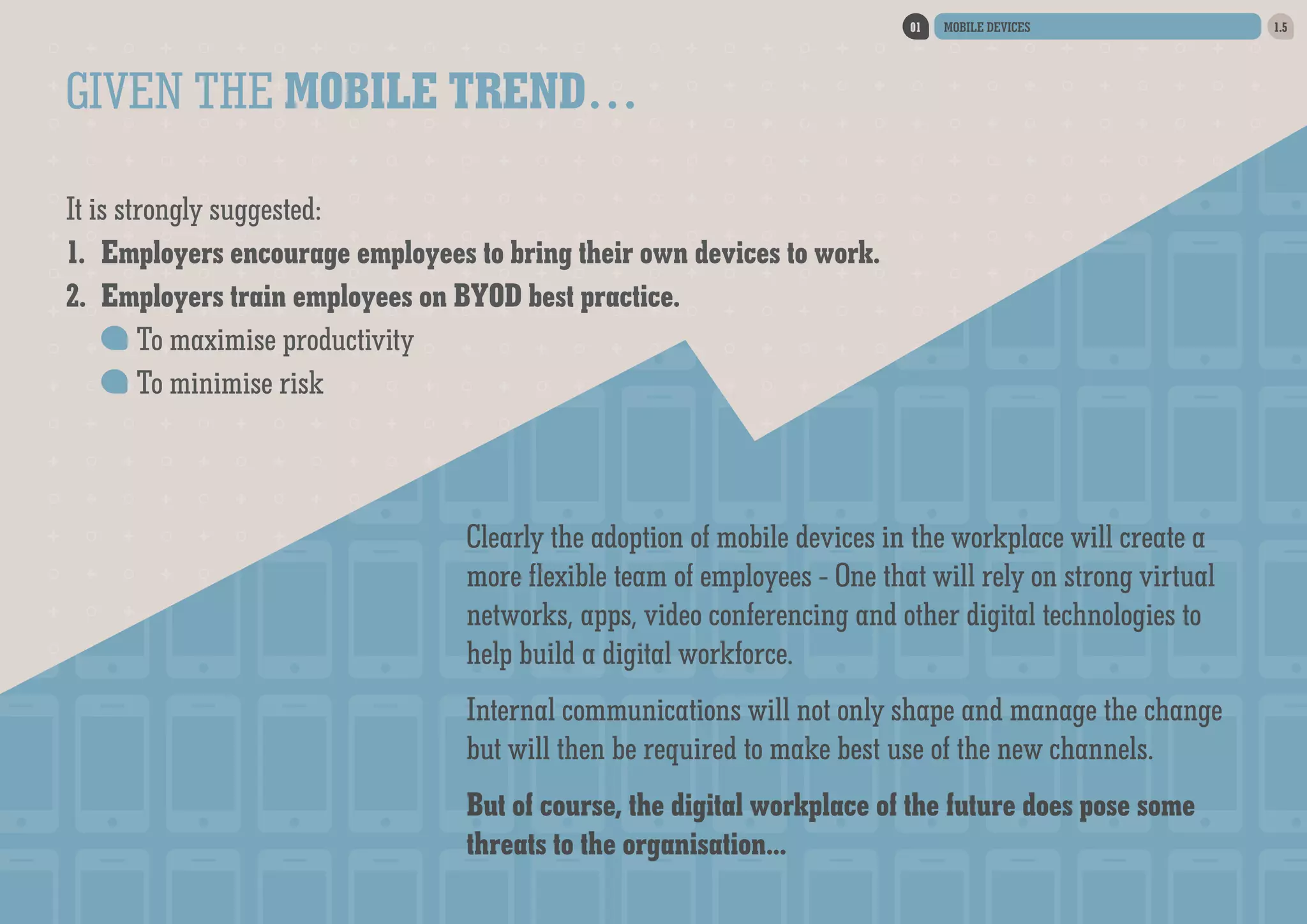 01

MOBILE DEVICES

GIVEN THE MOBILE TREND…
It is strongly suggested:
1.	 Employers encourage employees to bring their own devices to work.
2.	 Employers train employees on BYOD best practice.
	To maximise productivity
	To minimise risk

Clearly the adoption of mobile devices in the workplace will create a
more flexible team of employees - One that will rely on strong virtual
networks, apps, video conferencing and other digital technologies to
help build a digital workforce.
Internal communications will not only shape and manage the change
but will then be required to make best use of the new channels.
But of course, the digital workplace of the future does pose some
threats to the organisation...

1.5

 