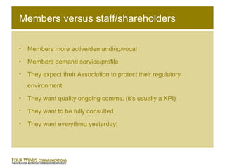 Members versus staff/shareholders Members more active/demanding/vocal Members demand service/profile They expect their Association to protect their regulatory environment They want quality ongoing comms. (it’s usually a KPI) They want to be fully consulted They want everything yesterday! 