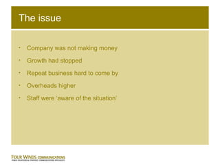 The issue Company was not making money Growth had stopped Repeat business hard to come by Overheads higher Staff were ‘aware of the situation’ 
