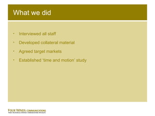 What we did Interviewed all staff Developed collateral material Agreed target markets Established ‘time and motion’ study 