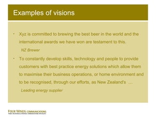 Examples of visions Xyz is committed to brewing the best beer in the world and the international awards we have won are testament to this.   NZ Brewer To constantly develop skills, technology and people to provide customers with best practice energy solutions which allow them to maximise their business operations, or home environment and to be recognised, through our efforts, as New Zealand's  … Leading energy supplier 