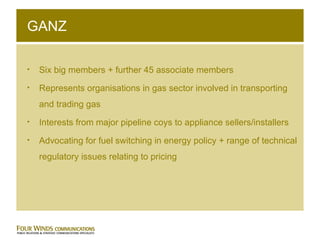 GANZ Six big members + further 45 associate members Represents organisations in gas sector involved in transporting and trading gas  Interests from major pipeline coys to appliance sellers/installers Advocating for fuel switching in energy policy + range of technical regulatory issues relating to pricing 