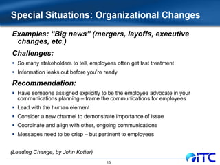 Special Situations: Organizational Changes Examples: “Big news” (mergers, layoffs, executive changes, etc.) Challenges: So many stakeholders to tell, employees often get last treatment Information leaks out before you’re ready Recommendation: Have someone assigned explicitly to be the employee advocate in your communications planning – frame the communications for employees Lead with the human element Consider a new channel to demonstrate importance of issue Coordinate and align with other, ongoing communications Messages need to be crisp – but pertinent to employees (Leading Change, by John Kotter) 