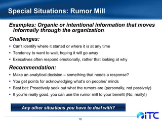 Special Situations: Rumor Mill Examples: Organic or intentional information that moves informally through the organization Challenges: Can’t identify where it started or where it is at any time Tendency to want to wait, hoping it will go away Executives often respond emotionally, rather that looking at why Recommendation: Make an analytical decision – something that needs a response? You get points for acknowledging what’s on peoples’ minds Best bet: Proactively seek out what the rumors are (personally, not passively) If you’re really good, you can use the rumor mill to your benefit (No, really!) Any other situations you have to deal with? 