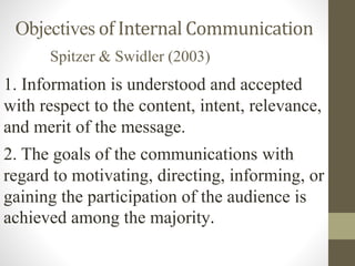 Objectives of Internal Communication
1. Information is understood and accepted
with respect to the content, intent, relevance,
and merit of the message.
2. The goals of the communications with
regard to motivating, directing, informing, or
gaining the participation of the audience is
achieved among the majority.
Spitzer & Swidler (2003)
 