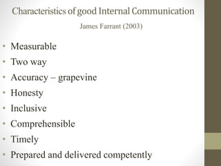 Characteristicsof goodInternalCommunication
• Measurable
• Two way
• Accuracy – grapevine
• Honesty
• Inclusive
• Comprehensible
• Timely
• Prepared and delivered competently
James Farrant (2003)
 