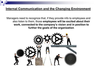 Internal Communication and the Changing Environment
Managers need to recognize that, if they provide info to employees and
also listen to them, those employees will be excited about their
work, connected to the company’s vision and in position to
further the goals of the organization.
 