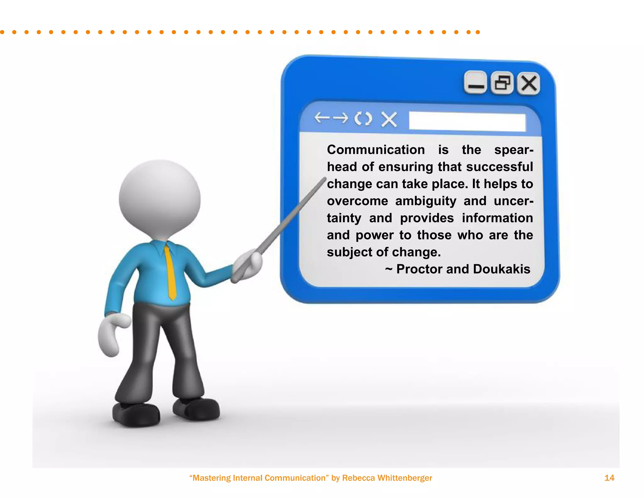 “Mastering Internal Communication” by Rebecca Whittenberger 14
Communication is the spear-
head of ensuring that successful
change can take place. It helps to
overcome ambiguity and uncer-
tainty and provides information
and power to those who are the
subject of change.
	 ~ Proctor and Doukakis
 