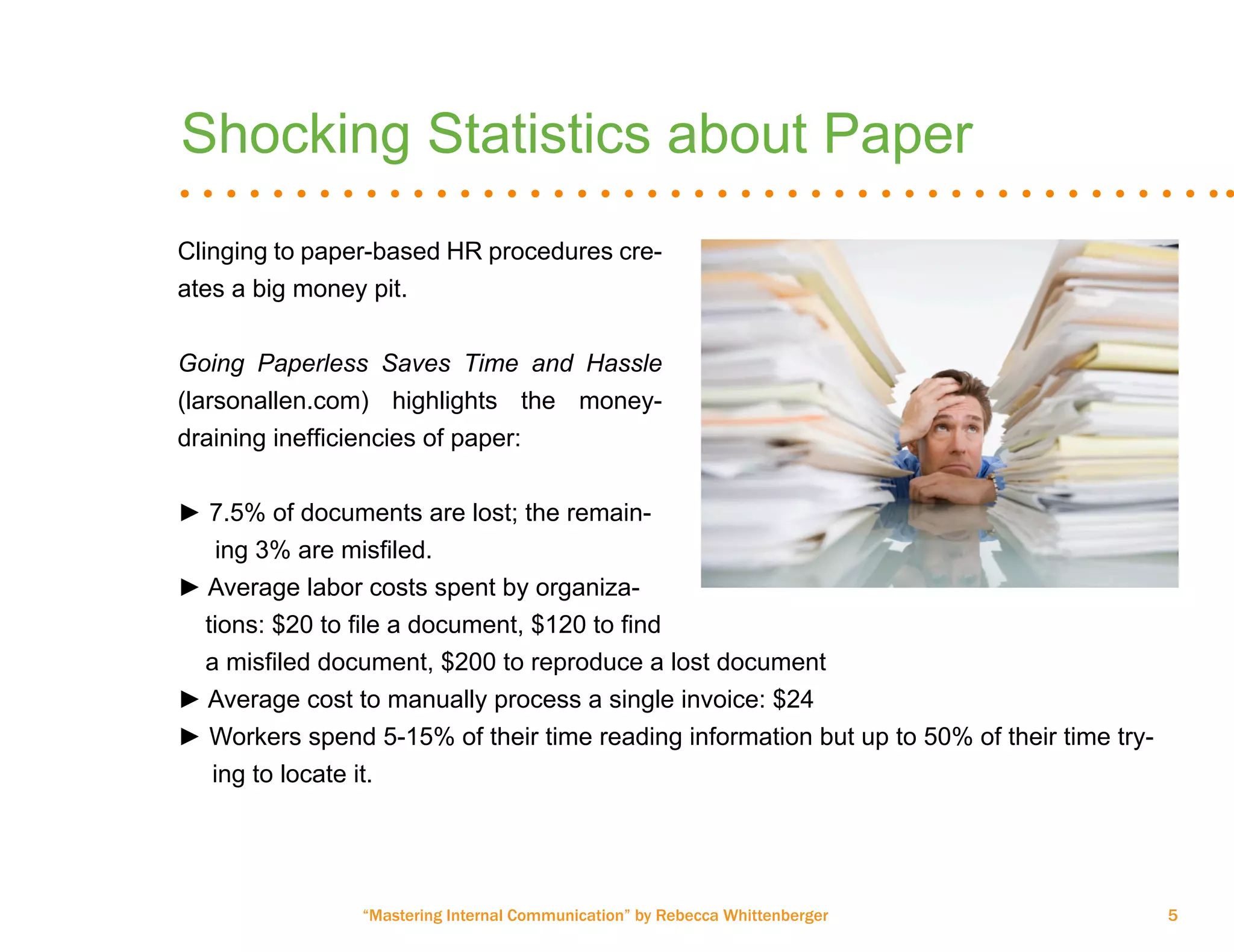 “Mastering Internal Communication” by Rebecca Whittenberger 5
Shocking Statistics about Paper
Clinging to paper-based HR procedures cre-
ates a big money pit.
Going Paperless Saves Time and Hassle
(larsonallen.com) highlights the money-
draining inefficiencies of paper:
► 7.5% of documents are lost; the remain-	
	 ing 3% are misfiled.
► Average labor costs spent by organiza- 	
tions: $20 to file a document, $120 to find	
a misfiled document, $200 to reproduce a lost document
► Average cost to manually process a single invoice: $24
► Workers spend 5-15% of their time reading information but up to 50% of their time try- 	
ing to locate it.
 