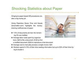 “Mastering Internal Communication” by Rebecca Whittenberger 5
Shocking Statistics about Paper
Clinging to paper-based HR procedures cre-
ates a big money pit.
Going Paperless Saves Time and Hassle
(larsonallen.com) highlights the money-
draining inefficiencies of paper:
► 7.5% of documents are lost; the remain-	
	 ing 3% are misfiled.
► Average labor costs spent by organiza- 	
tions: $20 to file a document, $120 to find	
a misfiled document, $200 to reproduce a lost document
► Average cost to manually process a single invoice: $24
► Workers spend 5-15% of their time reading information but up to 50% of their time try- 	
ing to locate it.
 