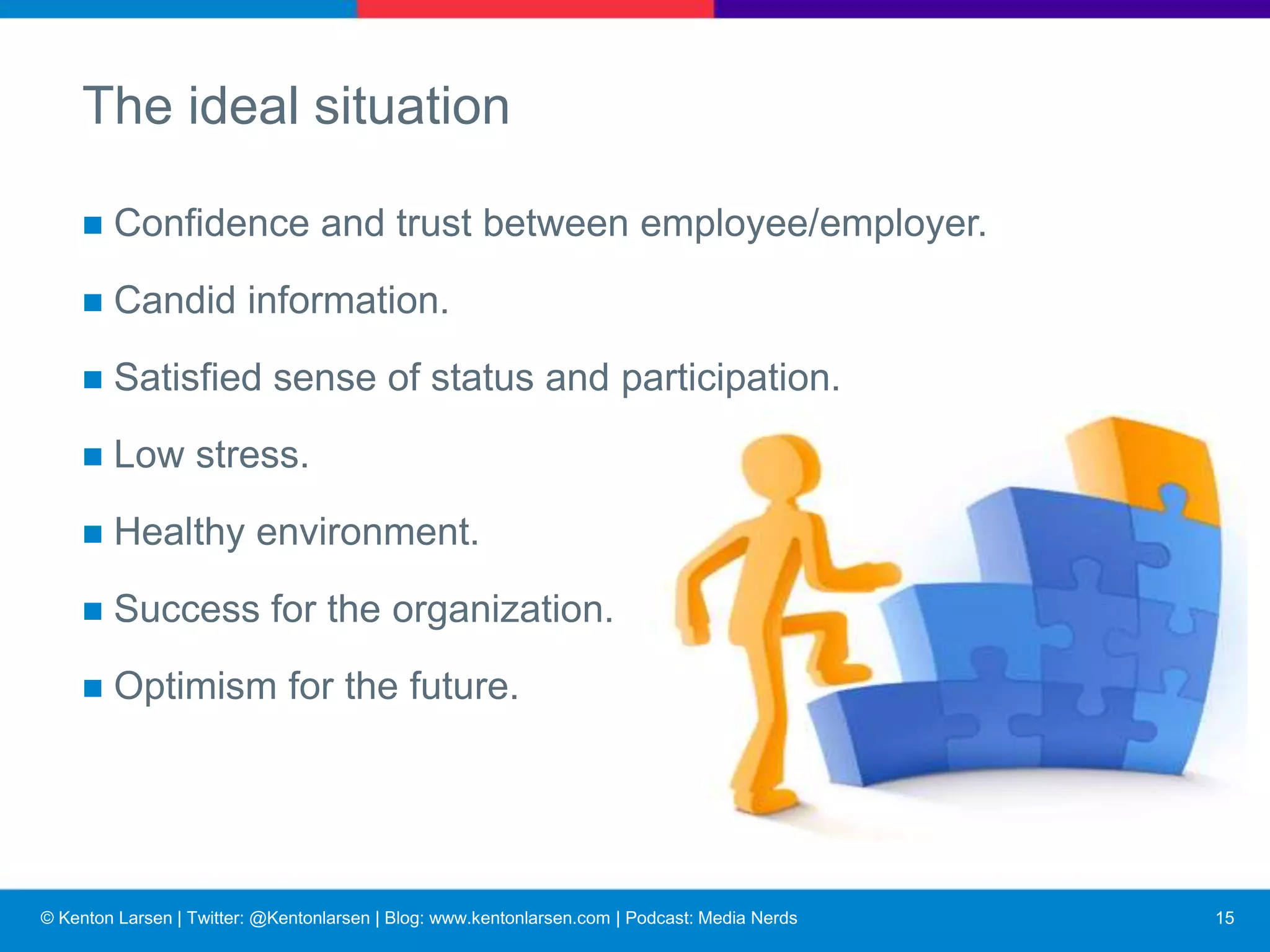 © Kenton Larsen | Twitter: @Kentonlarsen | Blog: www.kentonlarsen.com | Podcast: Media Nerds
Barriers to effective employee communications
■ Unclear corporate image.
■ Negative organizational climates.
■ Lack of mutual trust.
■ No employee communication
policy.
■ Employee communications flow
one way.
■ “Towing the company line” in
communications.
16
 