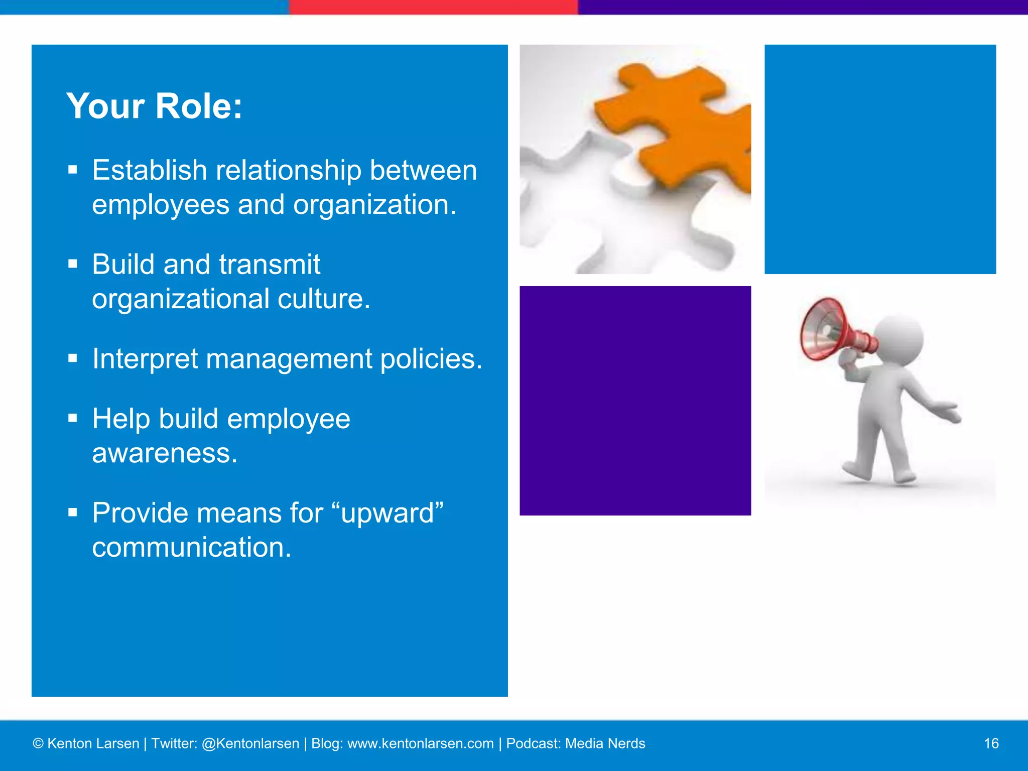 © Kenton Larsen | Twitter: @Kentonlarsen | Blog: www.kentonlarsen.com | Podcast: Media Nerds
The ideal situation
■ Confidence and trust between employee/employer.
■ Candid information.
■ Satisfied sense of status and participation.
■ Low stress.
■ Healthy environment.
■ Success for the organization.
■ Optimism for the future.
17
 