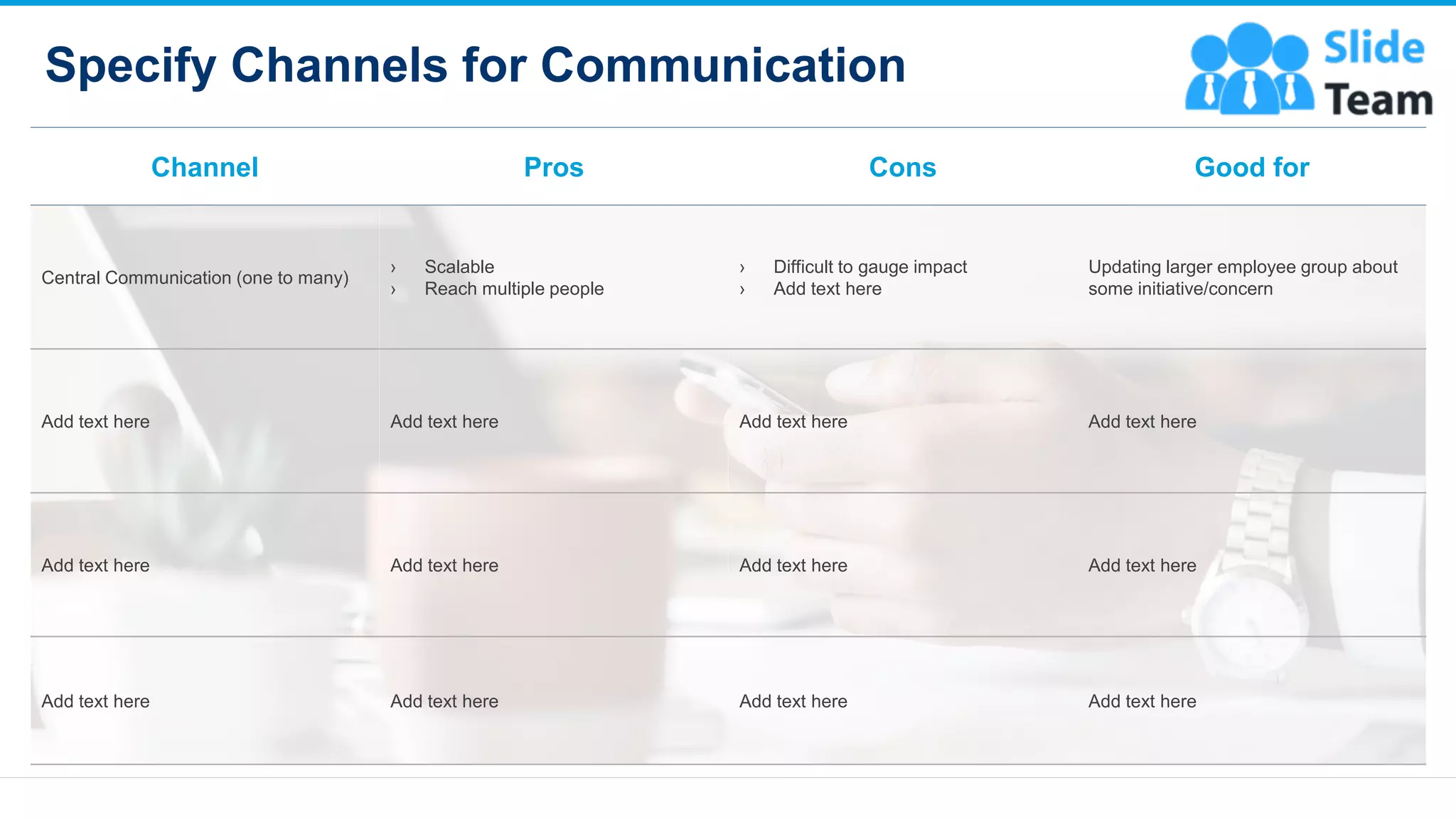 Specify Channels for Communication
11
Channel Pros Cons Good for
Central Communication (one to many)
› Scalable
› Reach multiple people
› Difficult to gauge impact
› Add text here
Updating larger employee group about
some initiative/concern
Add text here Add text here Add text here Add text here
Add text here Add text here Add text here Add text here
Add text here Add text here Add text here Add text here
This slide is 100% editable. Adapt it to your needs and capture your audience's attention
 