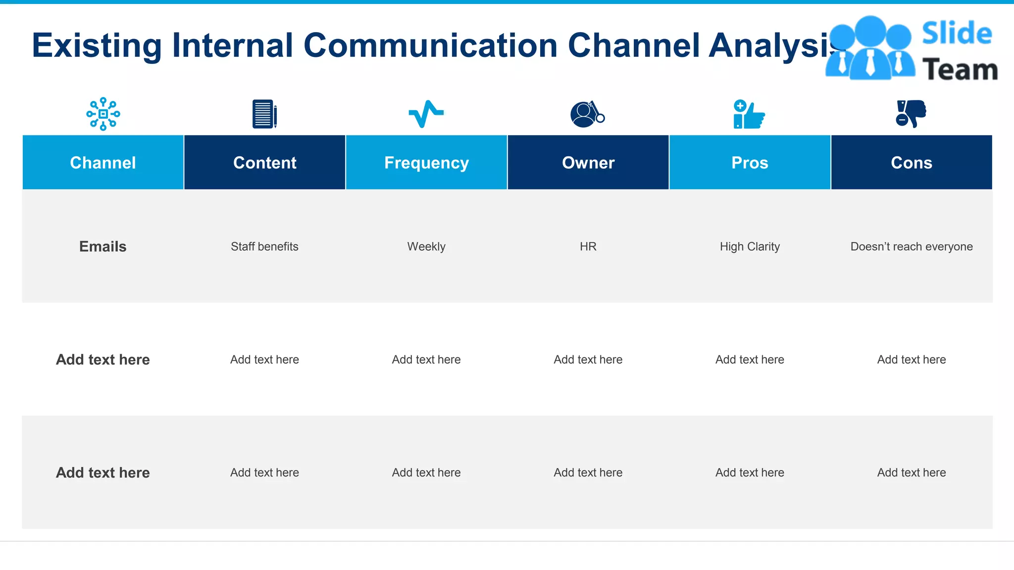 Existing Internal Communication Channel Analysis
5
Channel Content Frequency Owner Pros Cons
Emails Staff benefits Weekly HR High Clarity Doesn’t reach everyone
Add text here Add text here Add text here Add text here Add text here Add text here
Add text here Add text here Add text here Add text here Add text here Add text here
This slide is 100% editable. Adapt it to your needs and capture your audience's attention
 