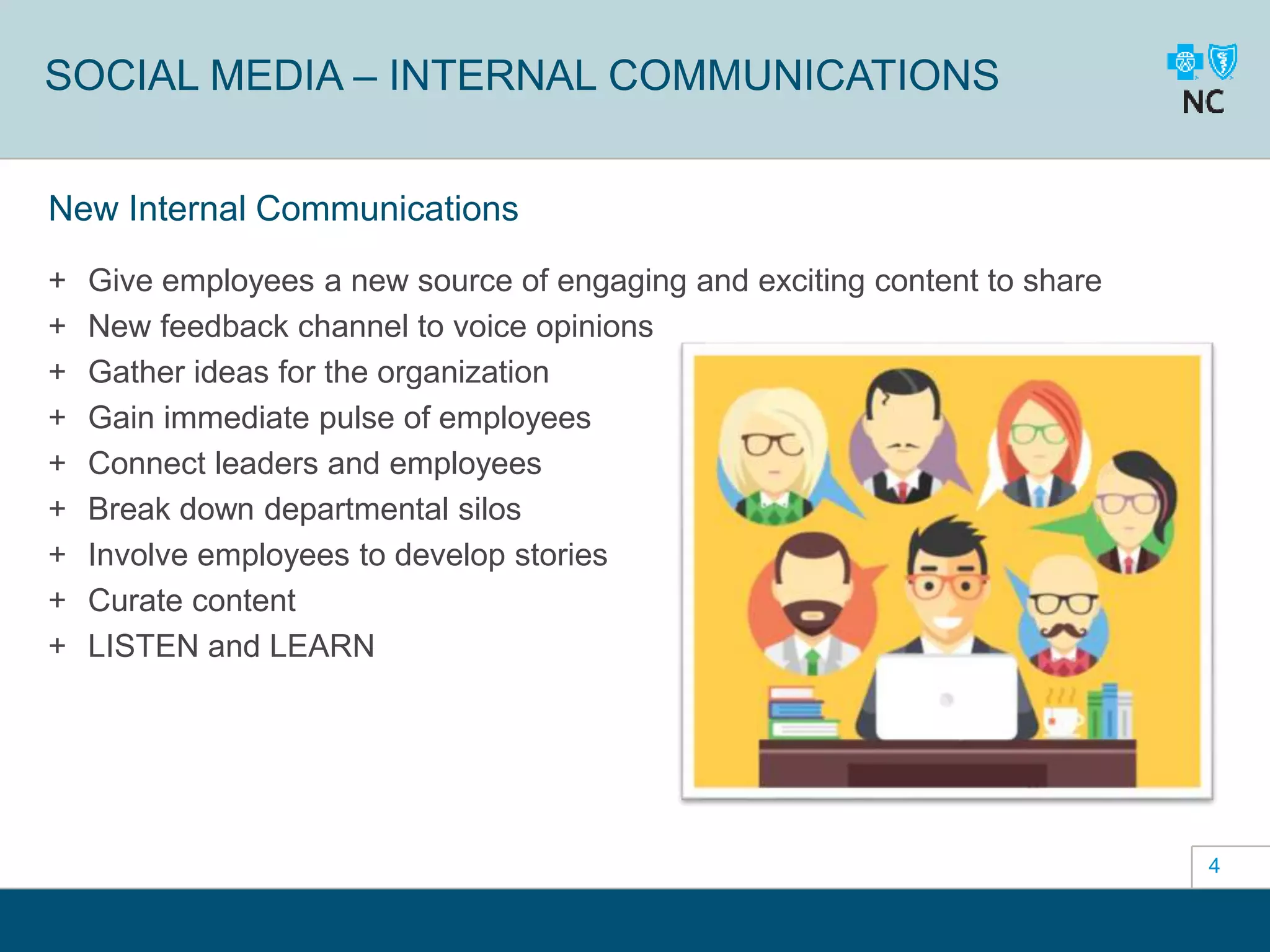 4
SOCIAL MEDIA – INTERNAL COMMUNICATIONS
New Internal Communications
+ Give employees a new source of engaging and exciting content to share
+ New feedback channel to voice opinions
+ Gather ideas for the organization
+ Gain immediate pulse of employees
+ Connect leaders and employees
+ Break down departmental silos
+ Involve employees to develop stories
+ Curate content
+ LISTEN and LEARN
 