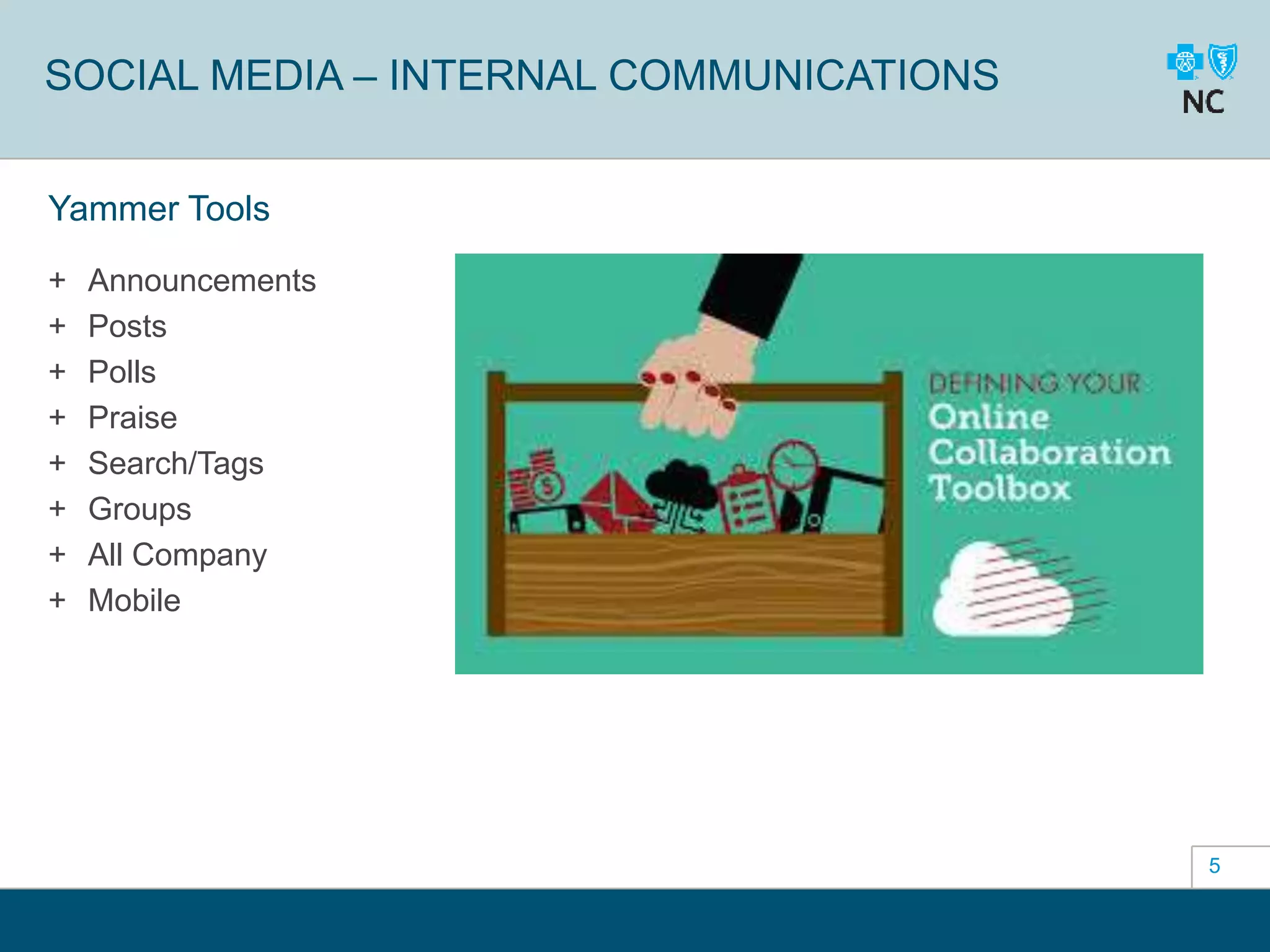 5
SOCIAL MEDIA – INTERNAL COMMUNICATIONS
Yammer Tools
+ Announcements
+ Posts
+ Polls
+ Praise
+ Search/Tags
+ Groups
+ All Company
+ Mobile
 