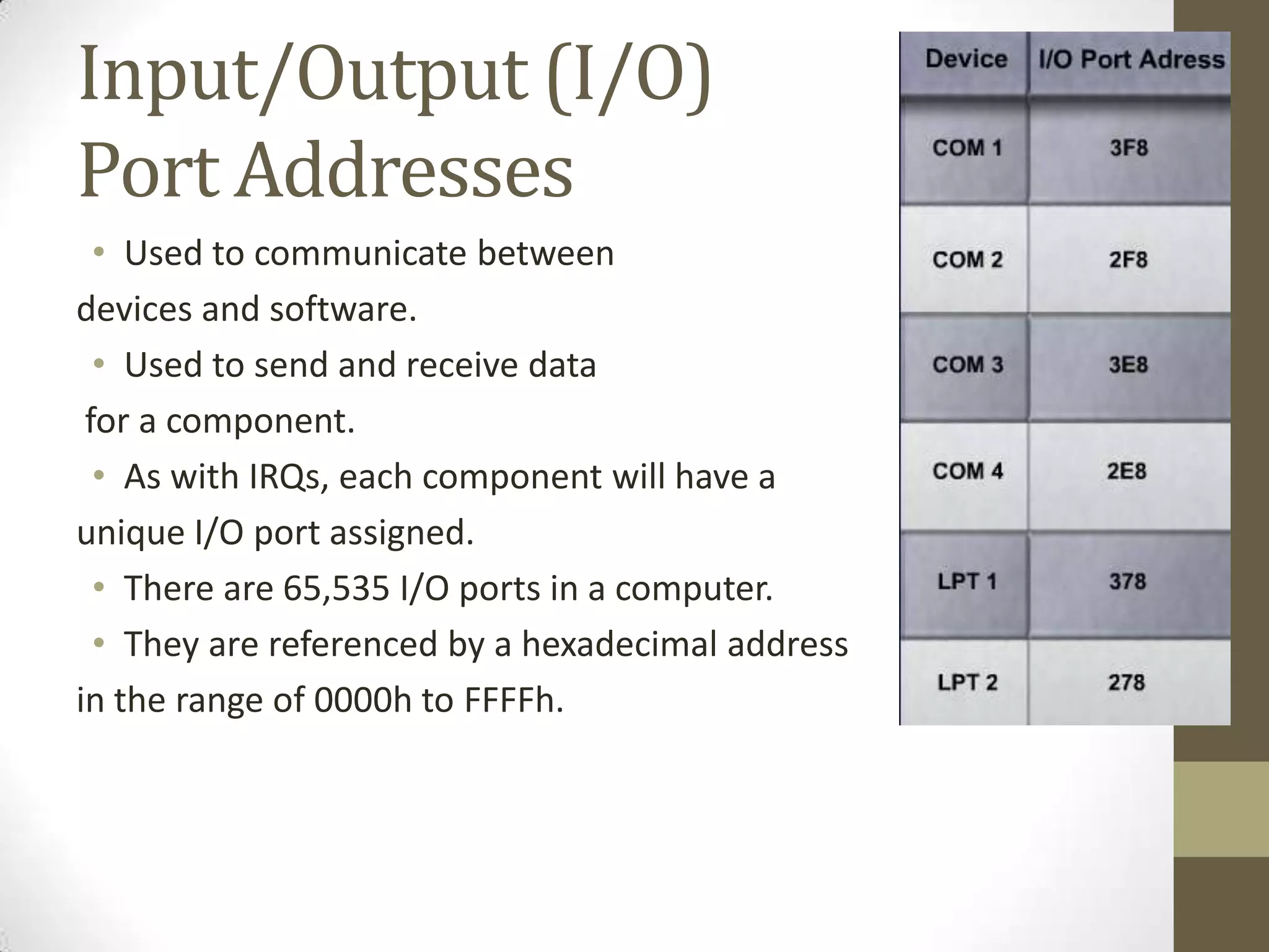 Input/Output (I/O)
Port Addresses
  • Used to communicate between
devices and software.
  • Used to send and receive data
 for a component.
  • As with IRQs, each component will have a
unique I/O port assigned.
  • There are 65,535 I/O ports in a computer.
  • They are referenced by a hexadecimal address
in the range of 0000h to FFFFh.
 