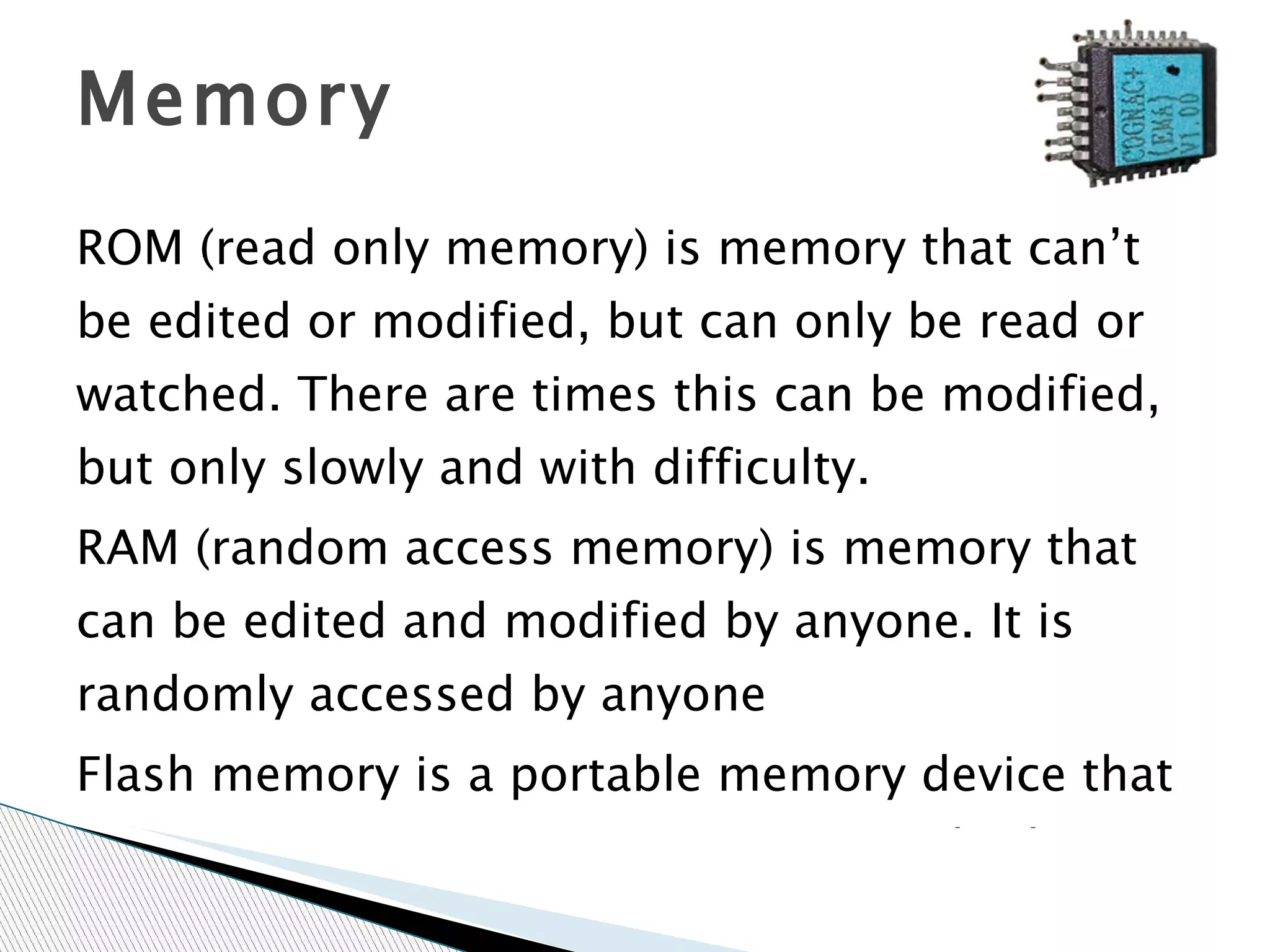 Speed of CPUs are measured in Mega Hertz, this means how fast it processes information. Processors 