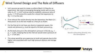 5
Wind Tunnel Design and The Role of Diffusers
• Let's assume we want to create a uniform Mach 2.5 flow for an
experiment. We need a converging-diverging nozzle with an area
ratio 𝐴𝑒/𝐴∗
= 2.637 and we need to establish a pressure ratio of
𝑝0/𝑝𝑒 = 17.09 across this nozzle for a shock-free expansion to
𝑀𝑒 = 2.5 at the exit.
• If we exhaust the nozzle directly into the laboratory, the Mach 2.5
flow passes on to the test model as a free jet as shown.
• For the free jet to not have any shock or expansion waves, the
nozzle exit pressure 𝑝𝑒 must be equal to the back pressure 𝑝𝐵.
• As the back pressure is the atmospheric pressure in the lab, 𝑝𝐵 =
𝑝𝑒 = 1 atm, implying that at the inlet we would need a pressure of
𝑝0 = 17.09 atm.
• This setup would be very expensive to build and operate due to the
higher cost associated with such high-pressure devices and storage
systems.
𝑀𝑒 = 2.5
𝑝𝑒 = 1 𝑎𝑡𝑚
Test
Model
𝑝𝐵 = 1 𝑎𝑡𝑚
𝐴∗
𝐴𝑒/𝐴∗
= 2.637
𝑝
0
=
17.09
𝑎𝑡𝑚
Nozzle exhausting directly into
the atmosphere
 