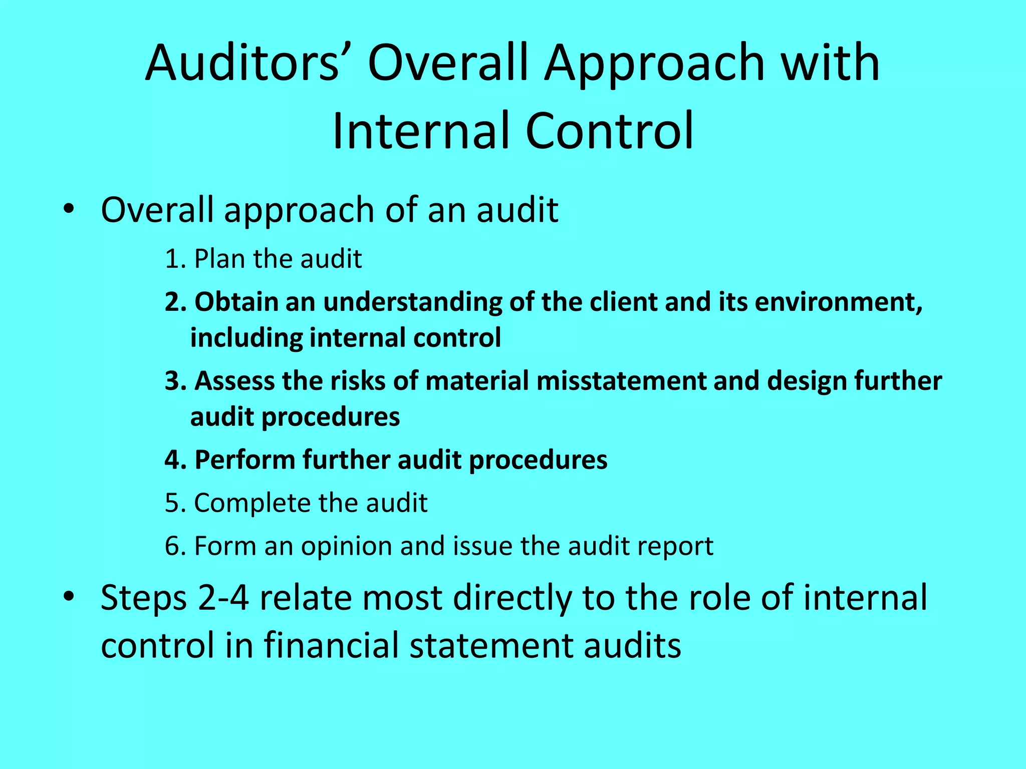 Auditors’ Overall Approach with Internal Control 
•Overall approach of an audit 
1. Plan the audit 
2. Obtain an understanding of the client and its environment, including internal control 
3. Assess the risks of material misstatement and design further audit procedures 
4. Perform further audit procedures 
5. Complete the audit 
6. Form an opinion and issue the audit report 
•Steps 2-4 relate most directly to the role of internal control in financial statement audits  