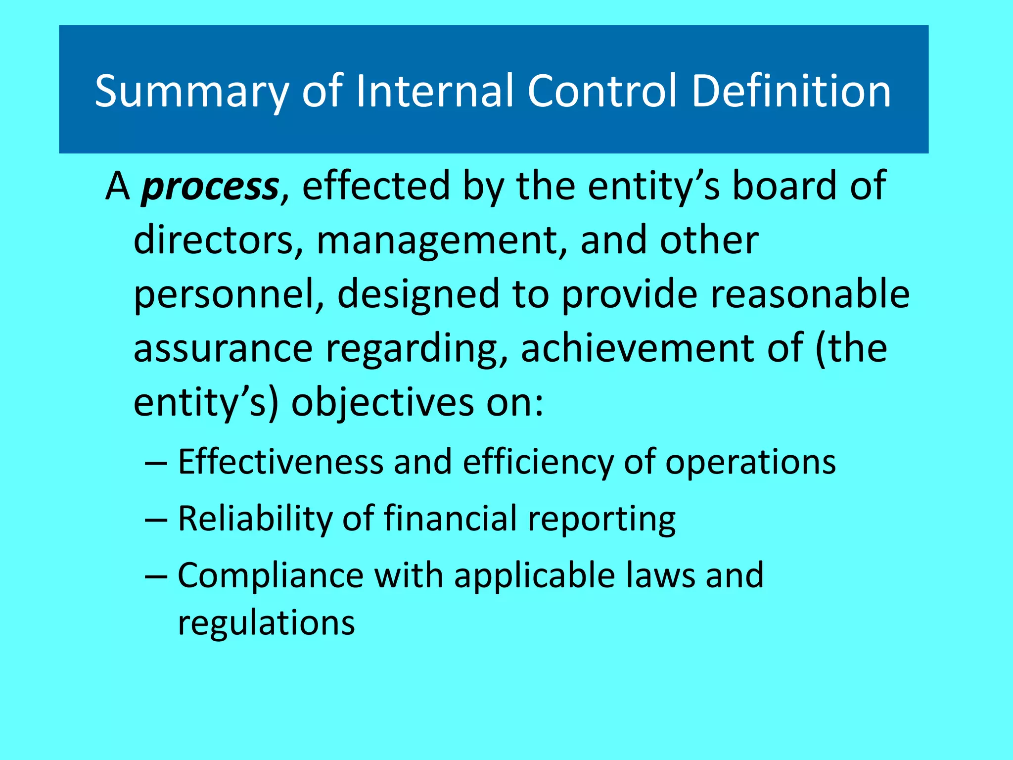Summary of Internal Control Definition 
A process, effected by the entity’s board of directors, management, and other personnel, designed to provide reasonable assurance regarding, achievement of (the entity’s) objectives on: 
–Effectiveness and efficiency of operations 
–Reliability of financial reporting 
–Compliance with applicable laws and regulations  