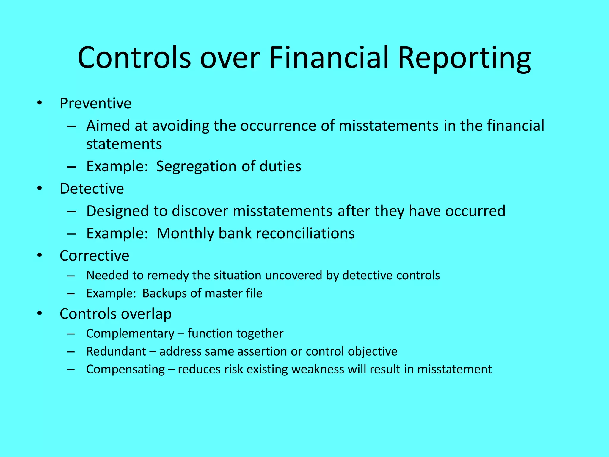 Controls over Financial Reporting 
•Preventive 
–Aimed at avoiding the occurrence of misstatements in the financial statements 
–Example: Segregation of duties 
•Detective 
–Designed to discover misstatements after they have occurred 
–Example: Monthly bank reconciliations 
•Corrective 
–Needed to remedy the situation uncovered by detective controls 
–Example: Backups of master file 
•Controls overlap 
–Complementary – function together 
–Redundant – address same assertion or control objective 
–Compensating – reduces risk existing weakness will result in misstatement  