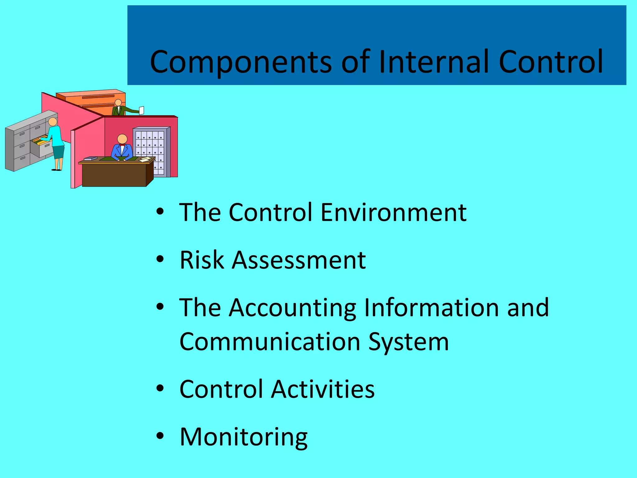 Components of Internal Control 
•The Control Environment 
•Risk Assessment 
•The Accounting Information and Communication System 
•Control Activities 
•Monitoring  