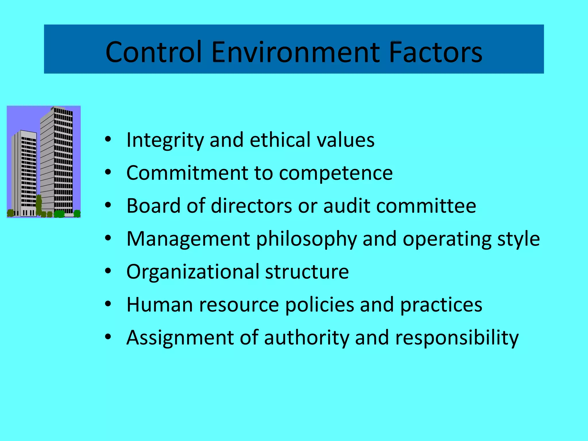 Control Environment Factors 
•Integrity and ethical values 
•Commitment to competence 
•Board of directors or audit committee 
•Management philosophy and operating style 
•Organizational structure 
•Human resource policies and practices 
•Assignment of authority and responsibility  