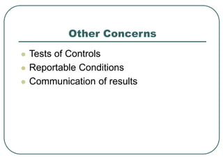 Other Concerns
 Tests of Controls
 Reportable Conditions
 Communication of results
 