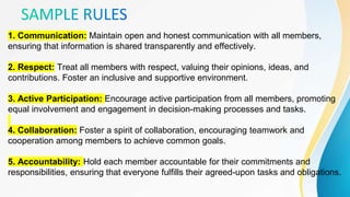 1. Communication: Maintain open and honest communication with all members,
ensuring that information is shared transparently and effectively.
2. Respect: Treat all members with respect, valuing their opinions, ideas, and
contributions. Foster an inclusive and supportive environment.
3. Active Participation: Encourage active participation from all members, promoting
equal involvement and engagement in decision-making processes and tasks.
4. Collaboration: Foster a spirit of collaboration, encouraging teamwork and
cooperation among members to achieve common goals.
5. Accountability: Hold each member accountable for their commitments and
responsibilities, ensuring that everyone fulfills their agreed-upon tasks and obligations.
 