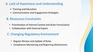 A. Lack of Awareness and Understanding
• Training and Education
• Communication and Engagement Strategies
B. Resources Constraints
• Prioritization of Internal Control and Rules Formulation
• Collaboration with External Expert
C. Changing Regulatory Environment
• Regular Review and Update of Rules
• Compliance Monitoring and Reporting Mechanisms
 