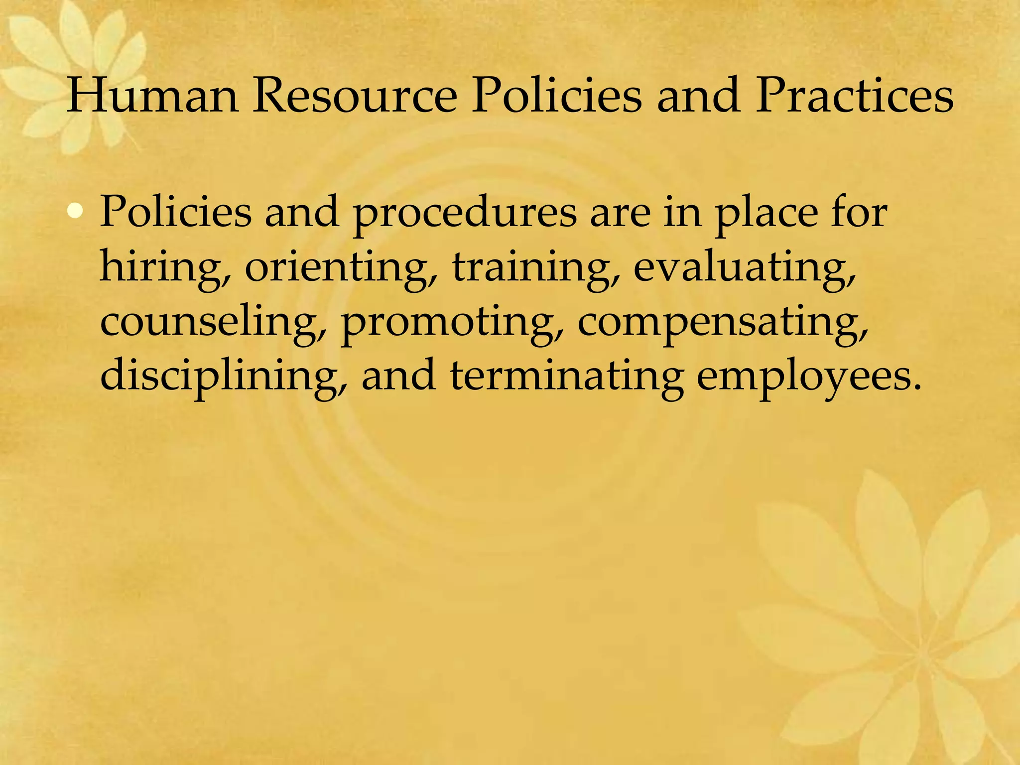 Human Resource Policies and Practices
• Policies and procedures are in place for
hiring, orienting, training, evaluating,
counseling, promoting, compensating,
disciplining, and terminating employees.
 