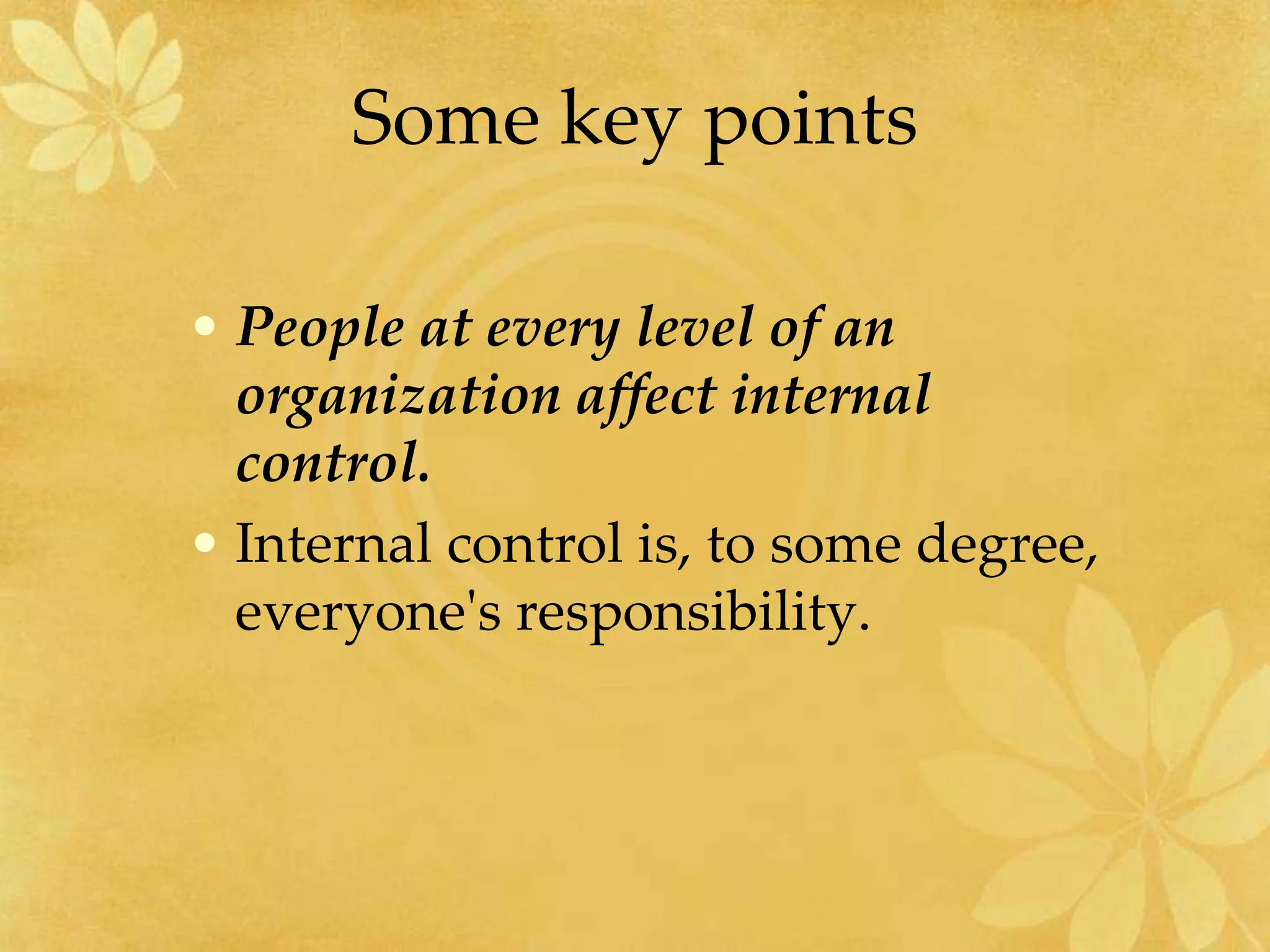 Some key points
• People at every level of an
organization affect internal
control.
• Internal control is, to some degree,
everyone's responsibility.
 