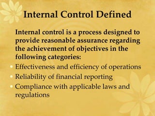 Internal Control Defined
Internal control is a process designed to
provide reasonable assurance regarding
the achievement of objectives in the
following categories:
• Effectiveness and efficiency of operations
• Reliability of financial reporting
• Compliance with applicable laws and
regulations
 